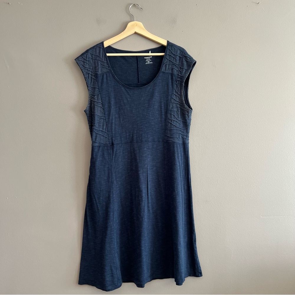 Toad & Co Sama Sama Dress Size L Navy  Short Cap Sleeve Zip Pocket Cotton Tencel
